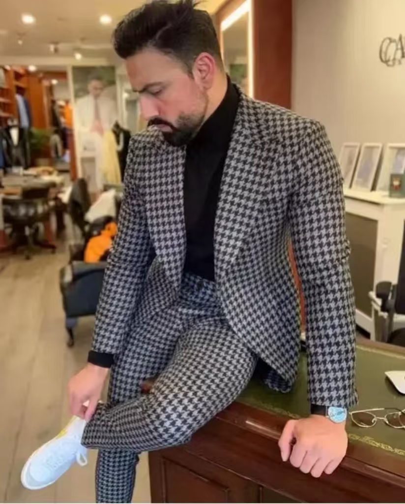 Men Formal Wear For Wedding - Houndstooth Vintage Men's Suit Peak Lapel
