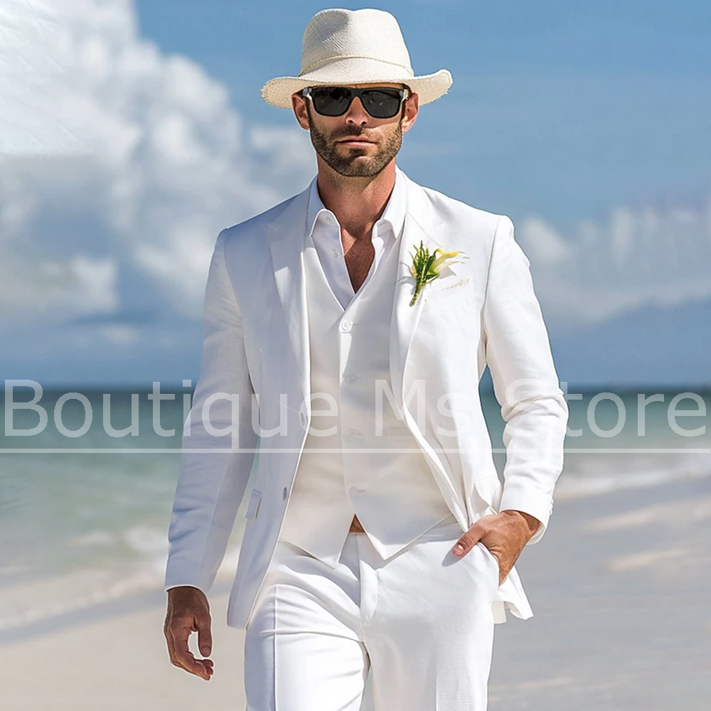 Men Linen Formal Wear - Men's White Linen Suit 3 Piece