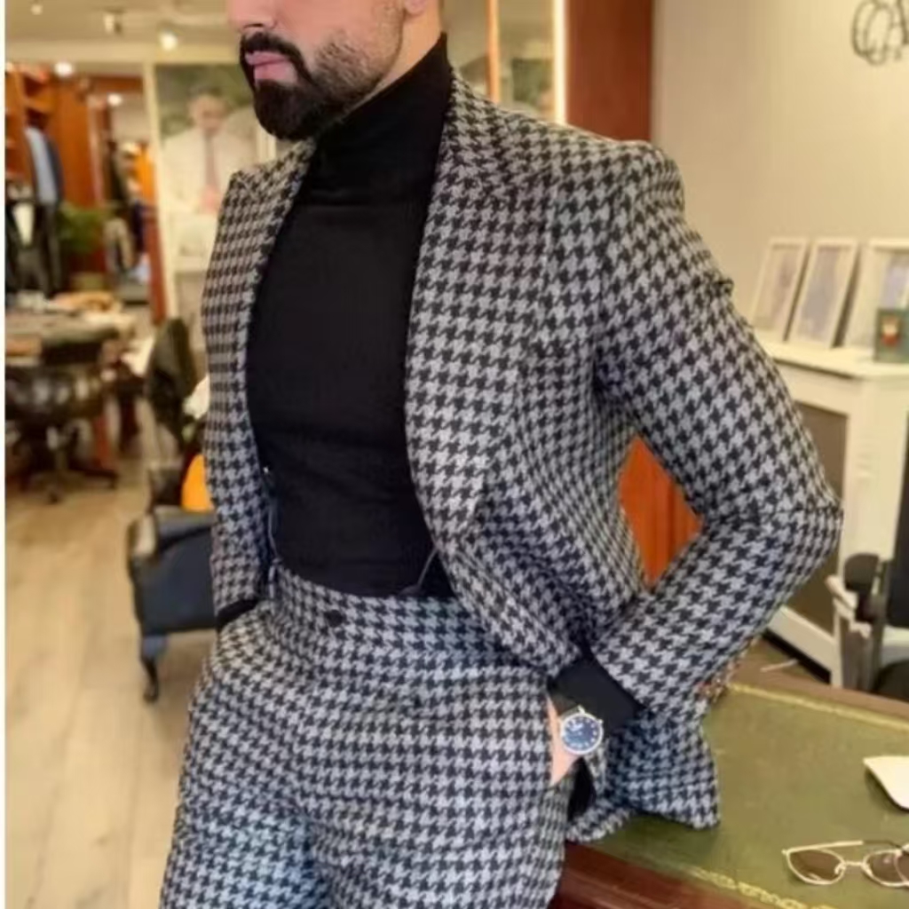 Houndstooth Vintage Men's Suit - Men Formal Wear For Wedding 评论和价格