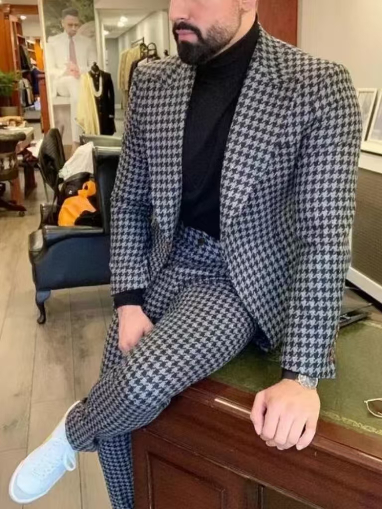 Houndstooth Vintage Men's Suit - Men Formal Wear For Wedding 评论和价格