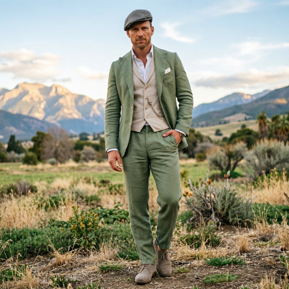 Sage Green Linen Men 3 Piece S - Men Linen Formal Wear 评论和价格