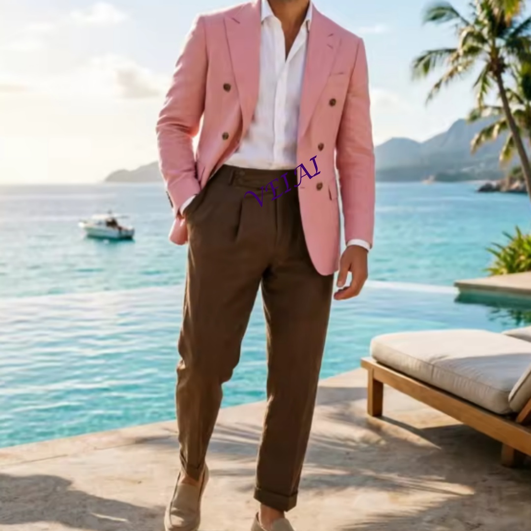 Customized 2 Piece Beige Linen - Men Linen Formal Wear 评论和价格